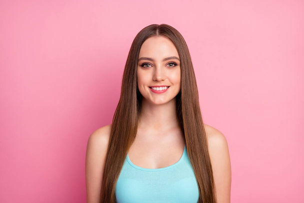 Close-up portrait of her she nice-looking attractive lovely pretty charming groomed cheerful straight-haired girl after using effective natural mask isolated over pink pastel color background - Foto, immagini