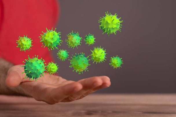 Bir grup virüs hücresi. Coronavirus hücresinin 3 boyutlu çizimi - Fotoğraf, Görsel