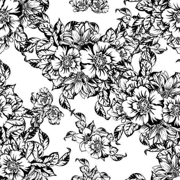 Seamless monochrome vintage style flowers pattern - Вектор,изображение