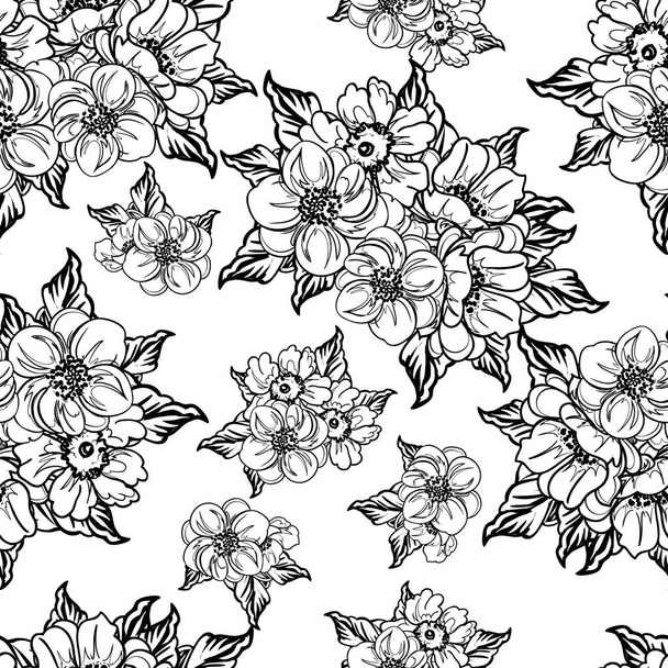 Seamless monochrome vintage style flowers pattern - Vetor, Imagem
