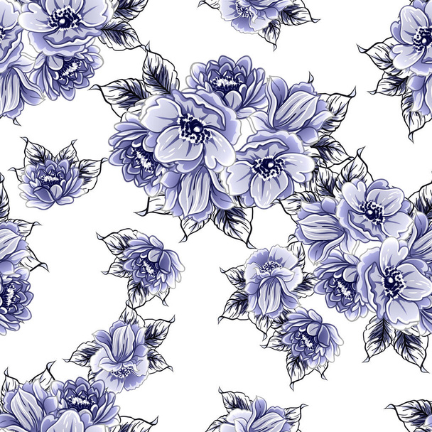 Seamless blue monochrome vintage style flowers pattern - Vector, imagen