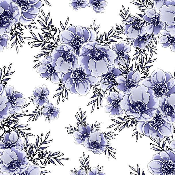 Seamless blue monochrome vintage style flowers pattern - ベクター画像