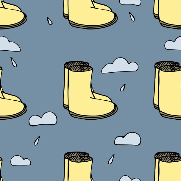 freehand vector seamless pattern, rubber boots and rain on a blue background - Vector, Image