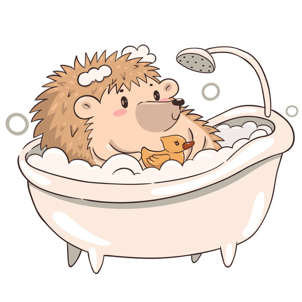 Ježek se koupe v izolátu na bílém pozadí. Roztomilý kawaiský ježek. Vektorový obrázek - Vektor, obrázek