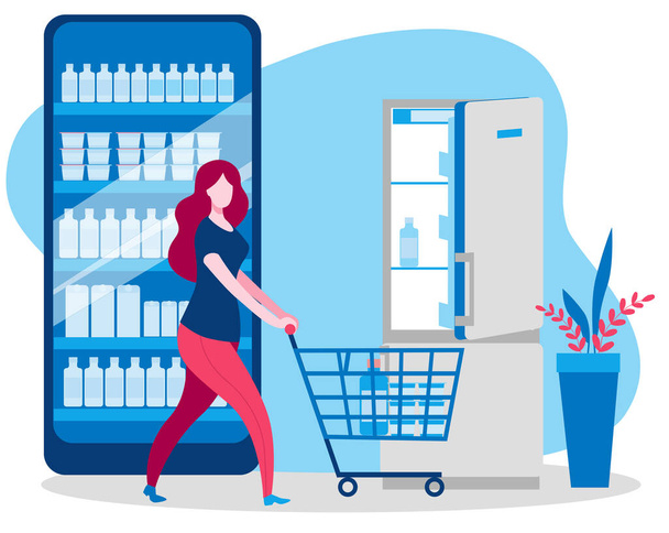 Une femme avec un panier a acheté de la nourriture dans une boutique en ligne et va au réfrigérateur
. - Vecteur, image