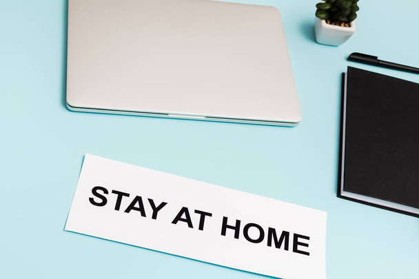 laptop, notebook, pen and plant near paper with stay at home lettering on blue  - Photo, image