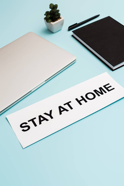 laptop, notebook, plant and pen near paper with stay at home lettering on blue  - Foto, Imagem