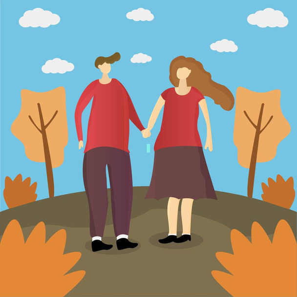 Date in a park.  Man and woman walking while holding hands. - Vector, Image