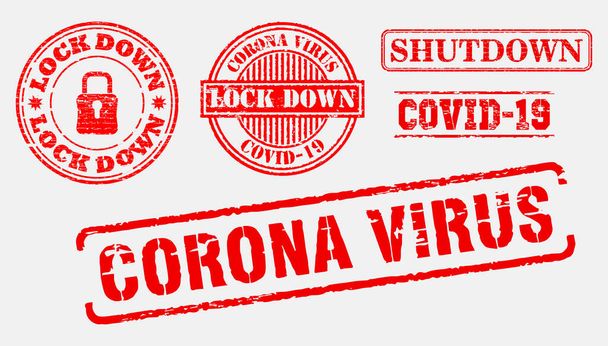 set of red grunge rubber stamp or corona virus rubber stamp themes or postponed, lock down, social distance, physical distance concept. eps 10 vector, easy to modify - Vector, Image