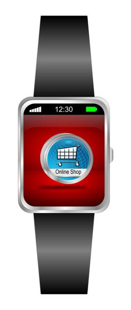 Smartphone mit blauem Online-Shop-Knopf auf rotem Display - 3D-Illustration - Foto, Bild