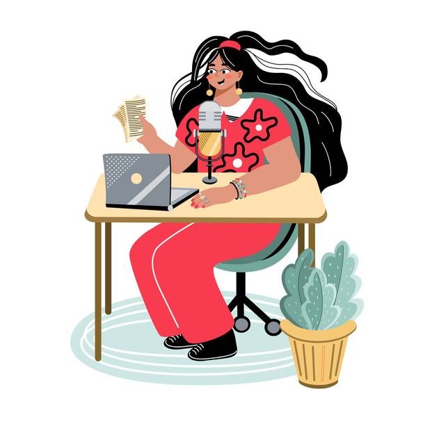 マイクを持った若い女性がノートパソコンに座っている。ラジオのホストは、テーブルに座っている。ポッドキャストスクリプトを持つ紙を保持する女性のポッドキャスト.ワークスペースの放送局。ベクトル平図. - ベクター画像