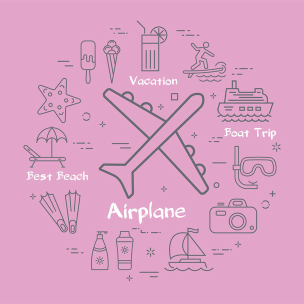 Vector linear concept of summer time with airplane icon - Vector, Image