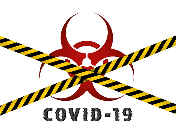 Biológiai veszély. Koronavírus. COVID-19. Sárga szalagok, szalagok, csíkok. A veszély elhárítása. Vektorillusztráció. - Vektor, kép