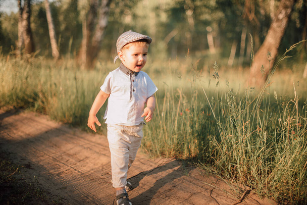 Portrait of a happy cute little boy having fun outdoors, exploring summer nature forest - Foto, Imagen
