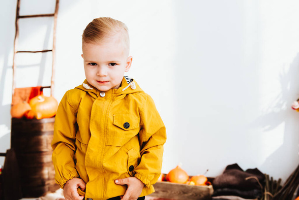 Крутий модний хлопчик-хіпстер 2 роки носить жовту куртку, позуючи на прикрашеній фотозоні осіннього декору з красивим яскравим осіннім листям. Затишна атмосфера
 - Фото, зображення