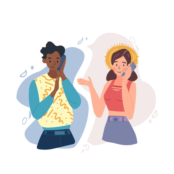 A young couple is talking from different places using a mobile phone. A picture shows the usability of nowadays. Easy to work, love or cooperate no matter of distance. Vector cartoon flat illustration. - Vector, Image