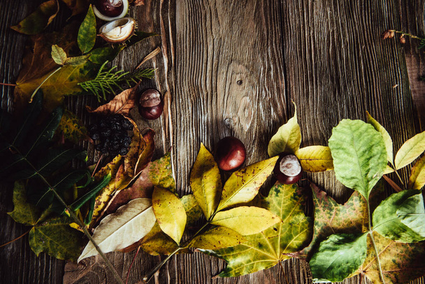 Осенний деревянный фон с плоской зеленой и желтой листьями
 - Фото, изображение