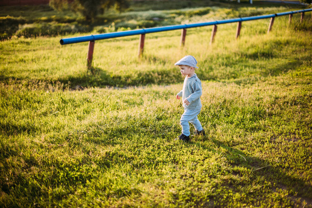 Baby boy 1-2 years old exploring nature in summer, having fun - Photo, Image
