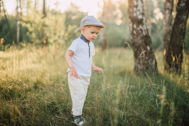 Portrait of a happy cute little boy having fun outdoors, exploring summer nature forest - Фото, зображення