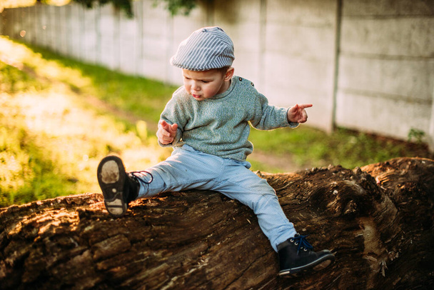 Baby boy 1-2 years old exploring nature in summer, having fun - Fotó, kép