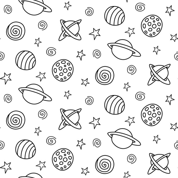 Vauvan saumaton kuvio. Sarjakuvaplaneetat ja tähdet avaruudessa. Vektori Kosminen tausta ja rakenne. Lasten suunnittelu, kangas, käärepaperi, värityskirja, tekstiili, vaatteet. - Vektori, kuva