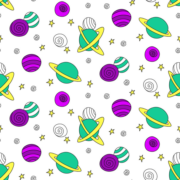 Baby seamless pattern. Different multi-colored cartoon planets and stars in space. Vector Cosmic background and texture. For kids design, fabric, wrapping paper, textile, apparel. - Vector, Image