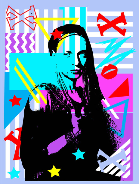 Femme en noir, graffiti pop art, zigzag, rayures, étoiles et lettre X. Fond abstrait couleur moderne
 - Vecteur, image