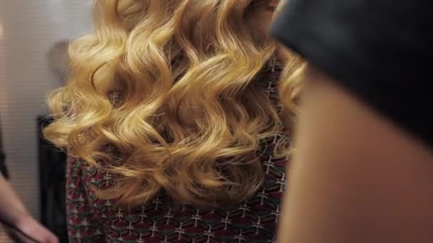 Zárja be a professzionális fodrász korrigálja és permetezi a női hajlakk - Felvétel, videó