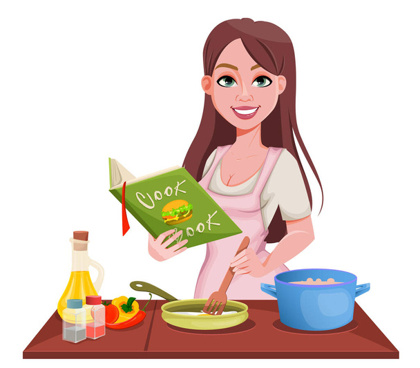 Kotona kokkaava nainen. Hymyilevä tyttö valmistaa ruokaa. Kaunis nainen sarjakuvahahmo. Vektorin kuva valkoisella taustalla
 - Vektori, kuva