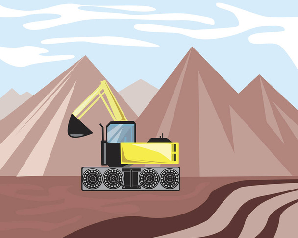Uma escavadora de esteiras rolantes ou escavadeira trabalha em uma pedreira. Estoque vetorial ilustração plana com uma escavadeira amarela com um balde e óculos em um fundo de montanhas como um conceito de escavação em uma pedreira
 - Vetor, Imagem