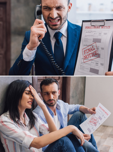 Collage of stressed woman with husband holding paper on floor and angry collector with handset and documents in room - Photo, Image