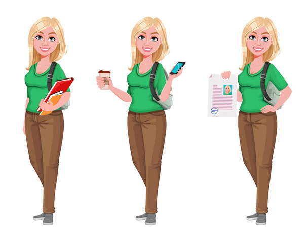 Jong, gelukkig studente meisje, stel van drie poses. Vrolijke vrouwelijke tiener student cartoon karakter. Vectorillustratie - Vector, afbeelding