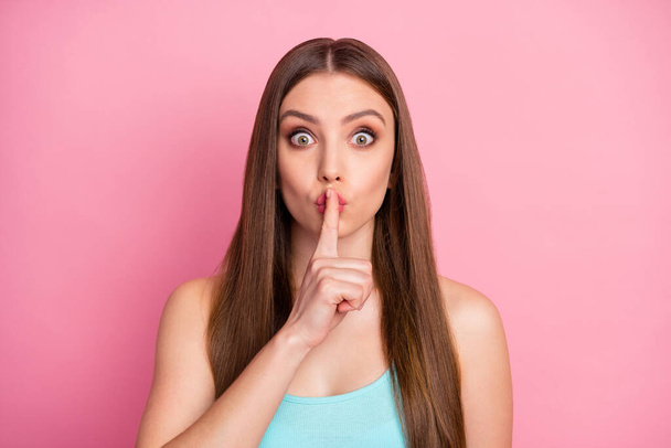 Close-up portrait of her she nice attractive lovely pretty charming feminine girlish mysterious straight-haired girl showing shh sign sale isolated over pink pastel color background - Photo, Image
