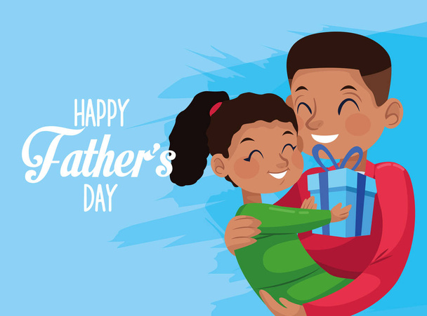 happy fathers day card with afro dad carring daughter - Vector, Image