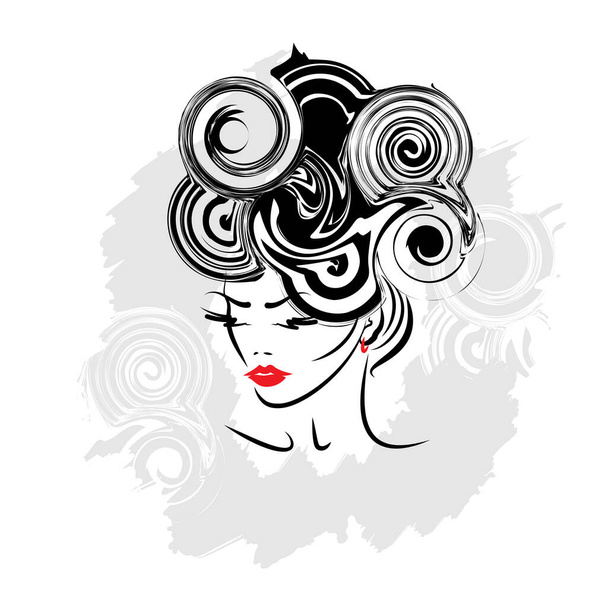 Abstract elegant sketch hand drawn silhouette woman head,make up, hair design  - Vector, imagen