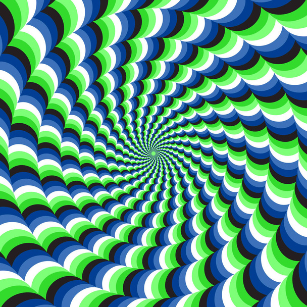 Векторний фон оптичної ілюзії руху. Сині зелені хвилясті спіральні смуги рухаються по центру
. - Вектор, зображення