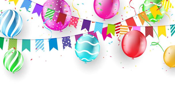 globos de color, confeti y bandera concepto diseño plantilla fiesta feliz día, fondo celebración vectorial ilustración
. - Vector, imagen