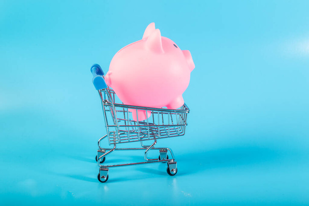 Empty Groceries trolley with piggy bank on red background - Foto, Imagen
