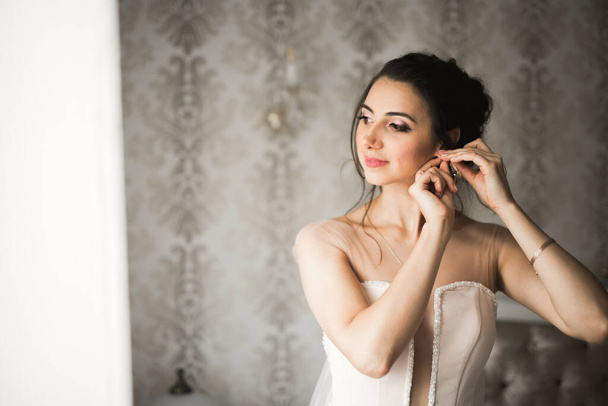 Gorgeous bride in robe posing and preparing for the wedding ceremony face in a room - 写真・画像
