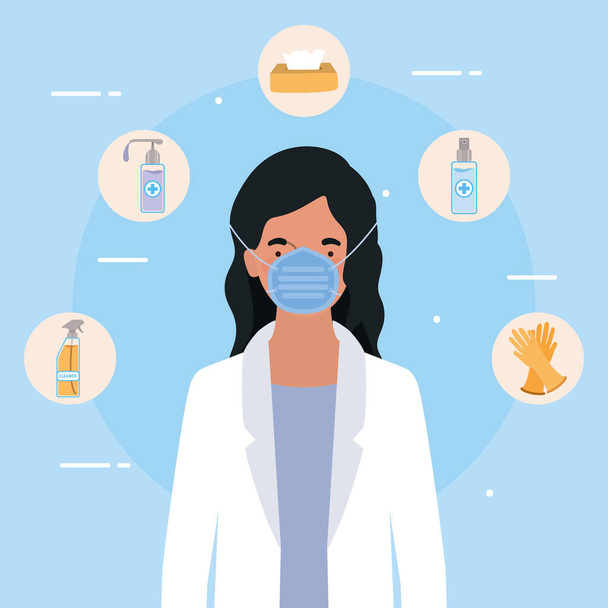 Женщина-врач с маской и средствами гигиены против вирусовекторного дизайна 2019 года
 - Вектор,изображение