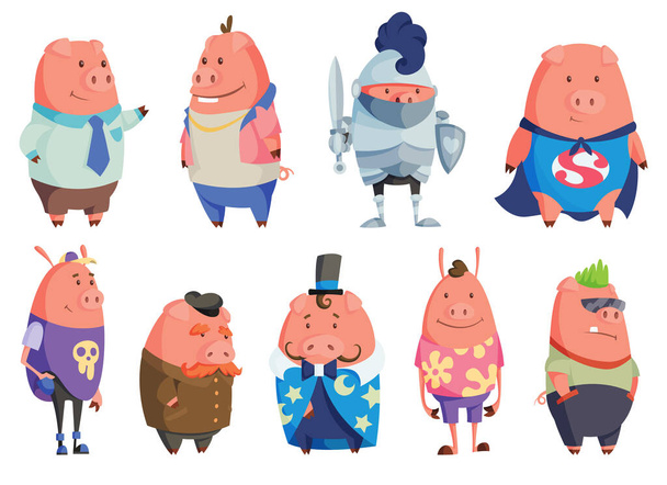 さまざまな画像で幸せな漫画の豚のセット。面白い子供ゲームのためのイラスト。Tシャツベクトルロゴデザイン - ベクター画像