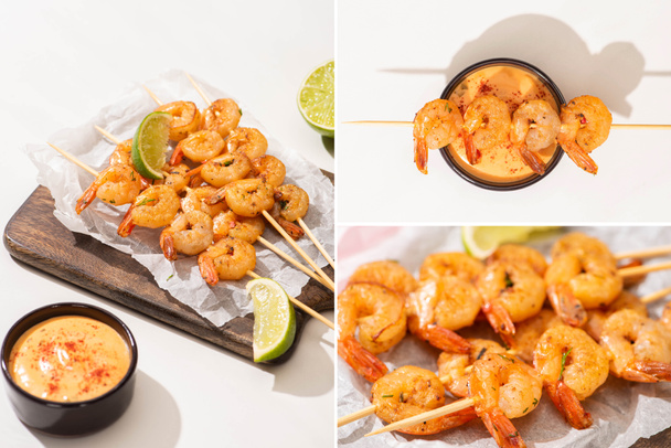 collage of prawns on skewers with lime and sauce on parchment paper on wooden board on white background - Fotó, kép