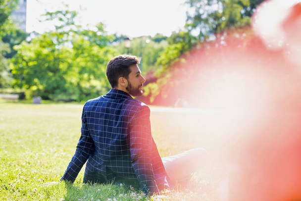 Rear view of young attractive businessman sitting on the grass during break - Foto, immagini