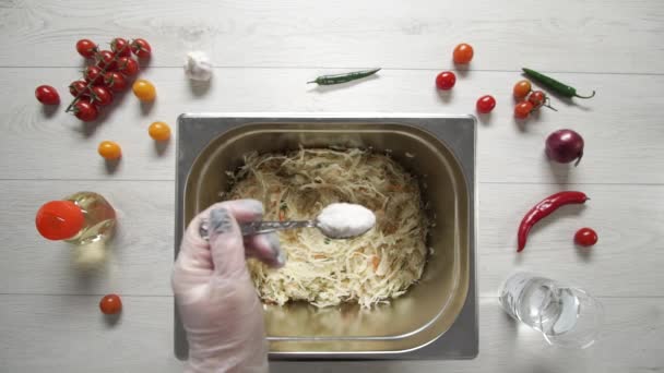 Bovenaanzicht van chef koks gezouten kool met wortelen - Video