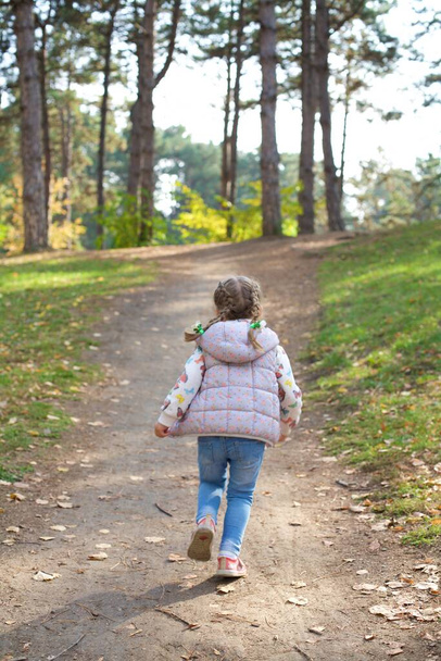 Маленька дівчинка біжить лісовою стежкою в осінньому міському парку. Вихідні призначені для прогулянок на свіжому повітрі. Вертикальна орієнтація
. - Фото, зображення