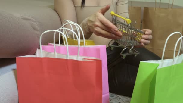 Alışveriş anlayışı. Etrafı renkli alışveriş torbalarıyla çevrili bir kadın. - Video, Çekim