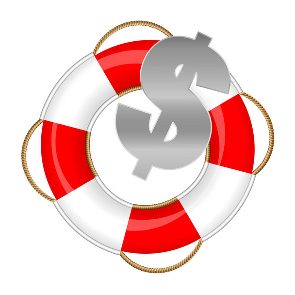 Símbolo do dólar em uma boia salva-vidas, simbólico para fundo de resgate, emergência financeira, proteção de negócios, falência e depressão da economia global. Ilustração vetorial
.  - Vetor, Imagem