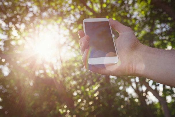 мужская рука держать белый смартфон, сотовый телефон, мобильный над размытым изображением зеленого фона леса
. - Фото, изображение