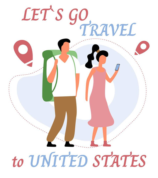 Allons aux États-Unis. Jeune couple romantique pendant la randonnée aventure voyage ou camping voyage. Illustration vectorielle colorée plate
 - Vecteur, image