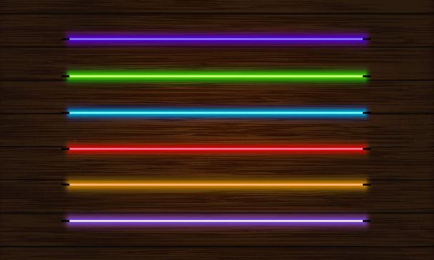 Ένα σετ πινέλα νέον. Σύνολο πολύχρωμων φωτεινών αντικειμένων σε σκούρο φόντο δέντρου - Διάνυσμα, εικόνα